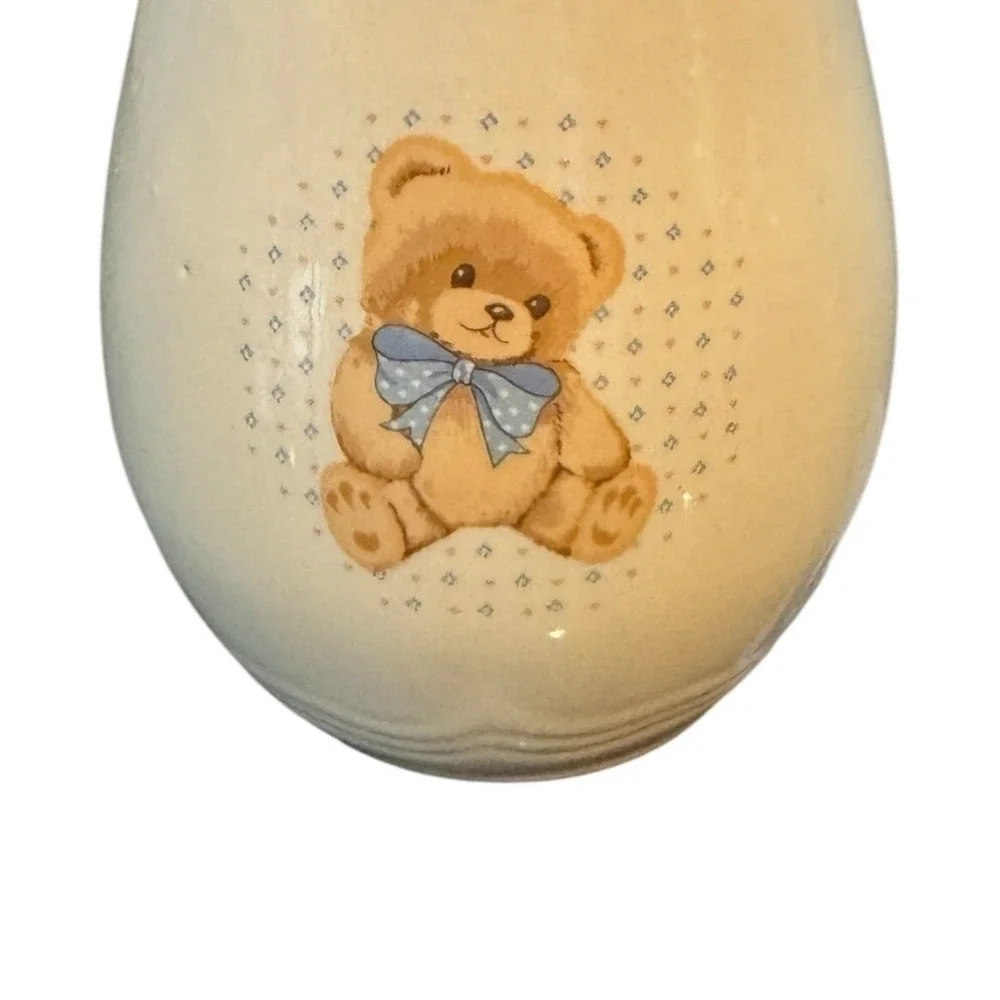 Tienshan‎ Stoneware Teddy Bear Canister Jar with Lid Blue Bow Cream Vintage 6.5